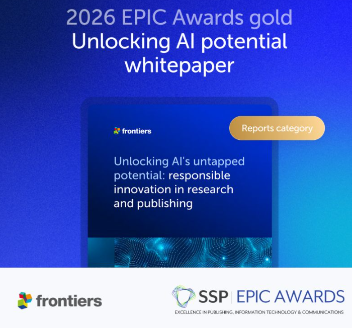 FrontImmunol's tweet photo. Two industry awards. One message: trusted science needs openness, integrity and responsible innovation.

A double win for Frontiers at the 2026 EPIC Awards from the Society for Scholarly Publishing.

🥇 Gold for our AI white paper
🥈 Silver for our Guardians of Science campaign https://t.co/6TlWtkfFv4