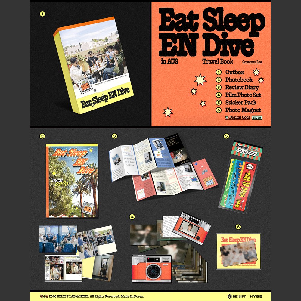 VpocaOfficial's tweet photo. [ENHYPEN] ENHYPEN <Eat Sleep EN Dive in AUS> TRAVEL BOOK

✔️Eat Sleep EN Dive in AUS
◦PHOTOBOOK
◦REVIEW DIARY
◦FILM PHOTO SET
◦STICKER PACK
◦PHOTO MAGNET *DIGITAL CODE (NFC VER.)

✔️PRE-ORDER EVENT
◦PHOTO MAGNET (1set / 6types)

📍Store Link: https://t.co/ArIsCeUpbe
📅 2026. 6. 5 ~ 2026. 6. 11. 15:00 (KST)
🎁 Special Gift: Vcoin 1,200 (only for Vpoca Member)

#ENHYPEN #엔하이픈
#TRAVEL_BOOK #Vpoca @vpocaofficial