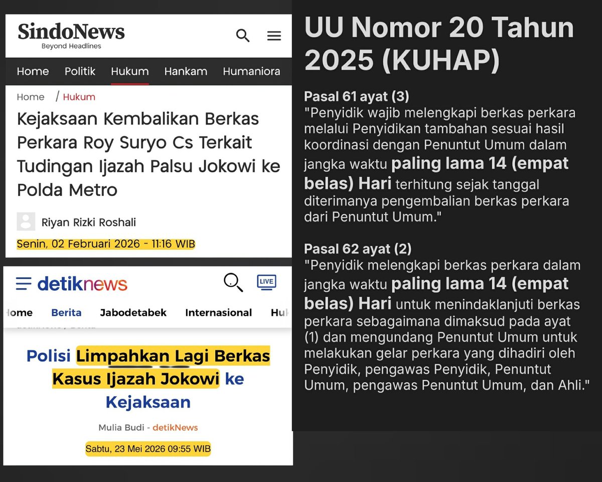 blank0429's tweet photo. Kasus Kriminalisasi oleh Mukidi

》Tanggal 2 Februari 2026 berkas dipulangin kejaksaan
》Tqnggal 23 Mei 2026 berkas dikirim ulang kepolisian ke Kejaksaan

Batas maksimal: 14 hari
Realisasi: 110 hari

Selisih keterlambatan:
110 - 14 = 96 hari (lebih 6 kali lipat batas waktu)

1/3 https://t.co/CybesiYCGM