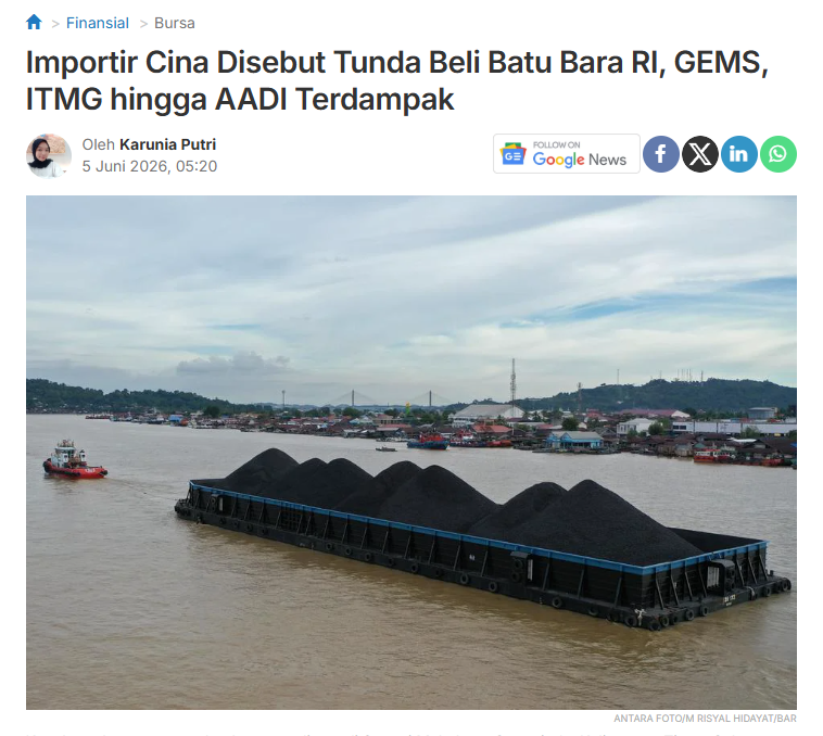 desmondwira's tweet photo. Importir Cina menunda membeli batu bara untuk bulan Juni setelah pemerintah Indonesia menerapkan skema ekspor satu pintu melalui Danantara

Saham emiten batu bara yang mengekspor ke Cina antara lain:
• PT Bukit Asam $PTBA
• PT Adaro Andalan Indonesia $AADI
• PT Indo Tambangraya Megah $ITMG
• PT Golden Energy Mines $GEMS

Sumber:
https://t.co/gscHQOjs55