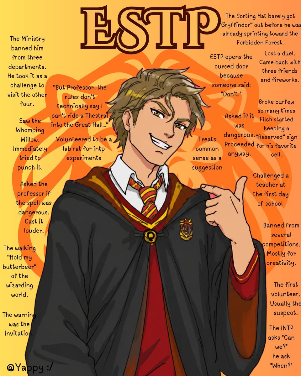 GerechoY's tweet photo. Version 2
MBTI x Harry Potter: Gryffindors 

#mbti #harrypotter #gryffindor #mbtimemes #mbtitypes 

Characters involved are
enfj
esfp
enfp
estp https://t.co/vhJxla3q96