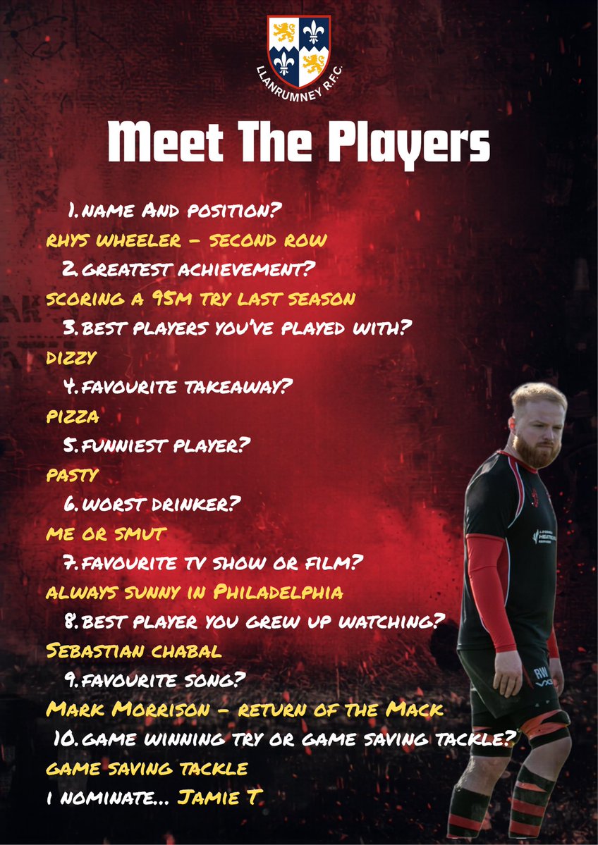 LlanRugby's tweet photo. Today in the hot seat we have… @rhys_neville (Neville). His 95m stomp surely has to be our try of the season🤣❤️🖤
Next up… Jamie T
#UpTheLlan https://t.co/gVISiNcSWS