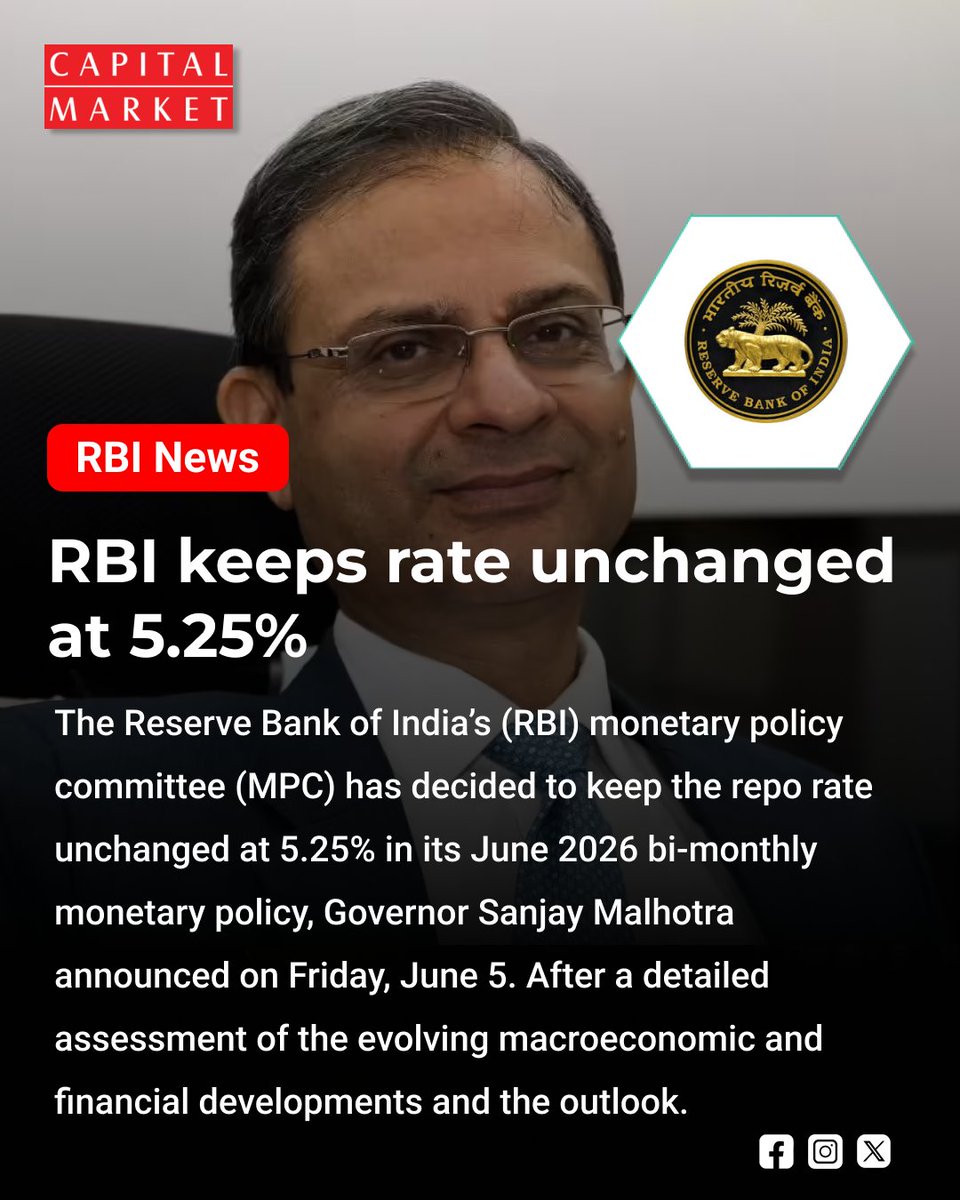 CapitalMarket17's tweet photo. RBI Keeps Repo Rate Unchanged at 5.25%, Signals Policy Stability Amid Global Uncertainty
https://t.co/wyCgzDyy3W
#RBI #RepoRate #MonetaryPolicy #InterestRates #RBIUpdate #IndianEconomy #FinancialPolicy #MarketNews #EconomyUpdate #InflationControl #CentralBank #IndiaNews https://t.co/VNpaph8Y1n