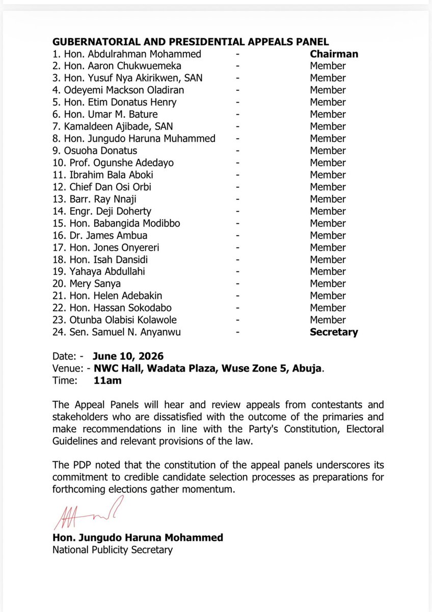 pdpnof's tweet photo. PDP CONSTITUTES APPEAL PANELS FOR PARTY PRIMARIES. https://t.co/zLoEm3Htmy