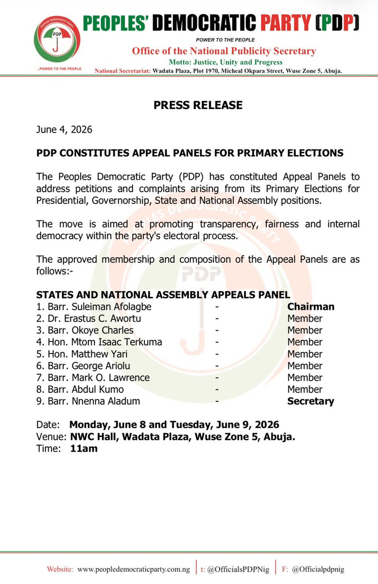 pdpnof's tweet photo. PDP CONSTITUTES APPEAL PANELS FOR PARTY PRIMARIES. https://t.co/zLoEm3Htmy