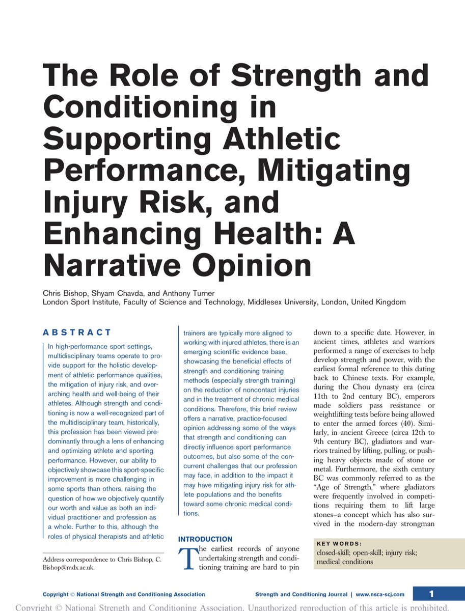 DrChrisBishop's tweet photo. 📄 New paper now online ahead of print in @NSCA’s #SCJ. 

🔑 It challenges the notion of S&amp;C being aligned purely to “athletic performance” and how the evidence base for injury risk and over-arching health is arguably greater.

🔗 Link to full text here: https://t.co/9VLNTv4TiK. https://t.co/0apZ09iXY4