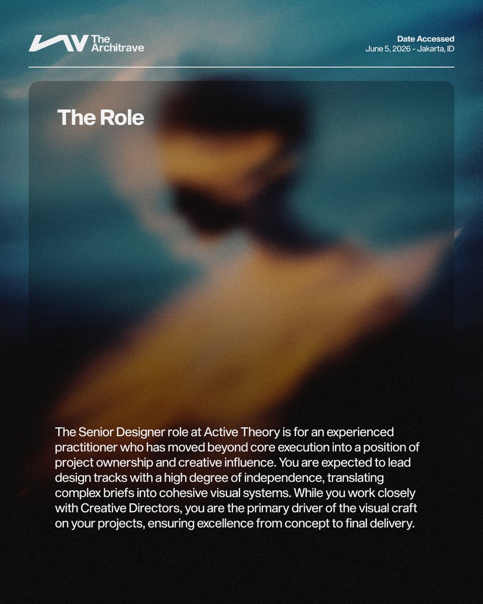 the_architrave's tweet photo. We’re sharing a new opportunity for a Senior Designer at @active_theory 

The Senior Designer role at Active Theory is for an experienced practitioner who has moved beyond core execution into a position of project ownership and creative influence. 

#hiring https://t.co/f6gyvdLScj