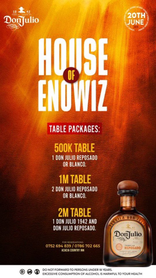 BreezyKirsten's tweet photo. Table packages are available for #HouseOfEnoWiz on this June 20th! 

Secure your spot today by booking one of our exclusive Don Julio packages!🔥 https://t.co/EG7b8S7NQO