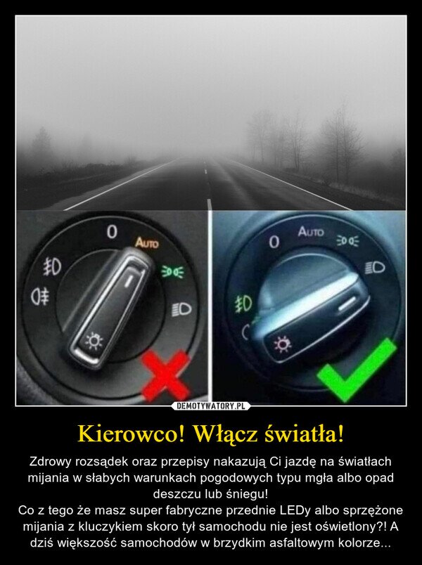MotoSygnaly's tweet photo. Od rana niektórzy nie ogarniają to uprzejmie przypominamy: przy ograniczonej widoczności (deszcz) - włączamy światła mijania! Takie pokrętło z lewej strony kierownicy☝️😉 https://t.co/rB15JkXxYA
