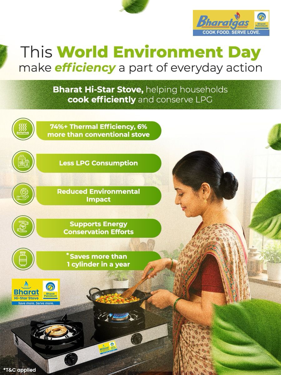 BPCLLPGLAL48465's tweet photo. This World Environment Day, choose efficiency for your home &amp; the planet. Bharat Hi-Star Stove delivers 74%+ thermal efficiency (6% higher), saving LPG, extending cylinder life &amp; helping you save up to 1 cylinder a year. 
@BPCLimited @BPCLLPG @PetroleumMin #WorldEnvironmentDay https://t.co/nLjwwKNl0D