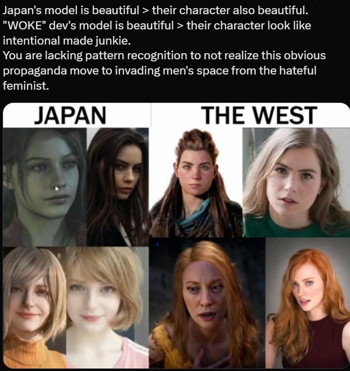 Fuon021's tweet photo. @MidasLeKing_ @ZeldaAnecdotes We are just shooting back. Because men love beautiful female lead, and they intentional try to make ugly female lead then call the men incel for not playing them. https://t.co/X2pPeXZ9vm