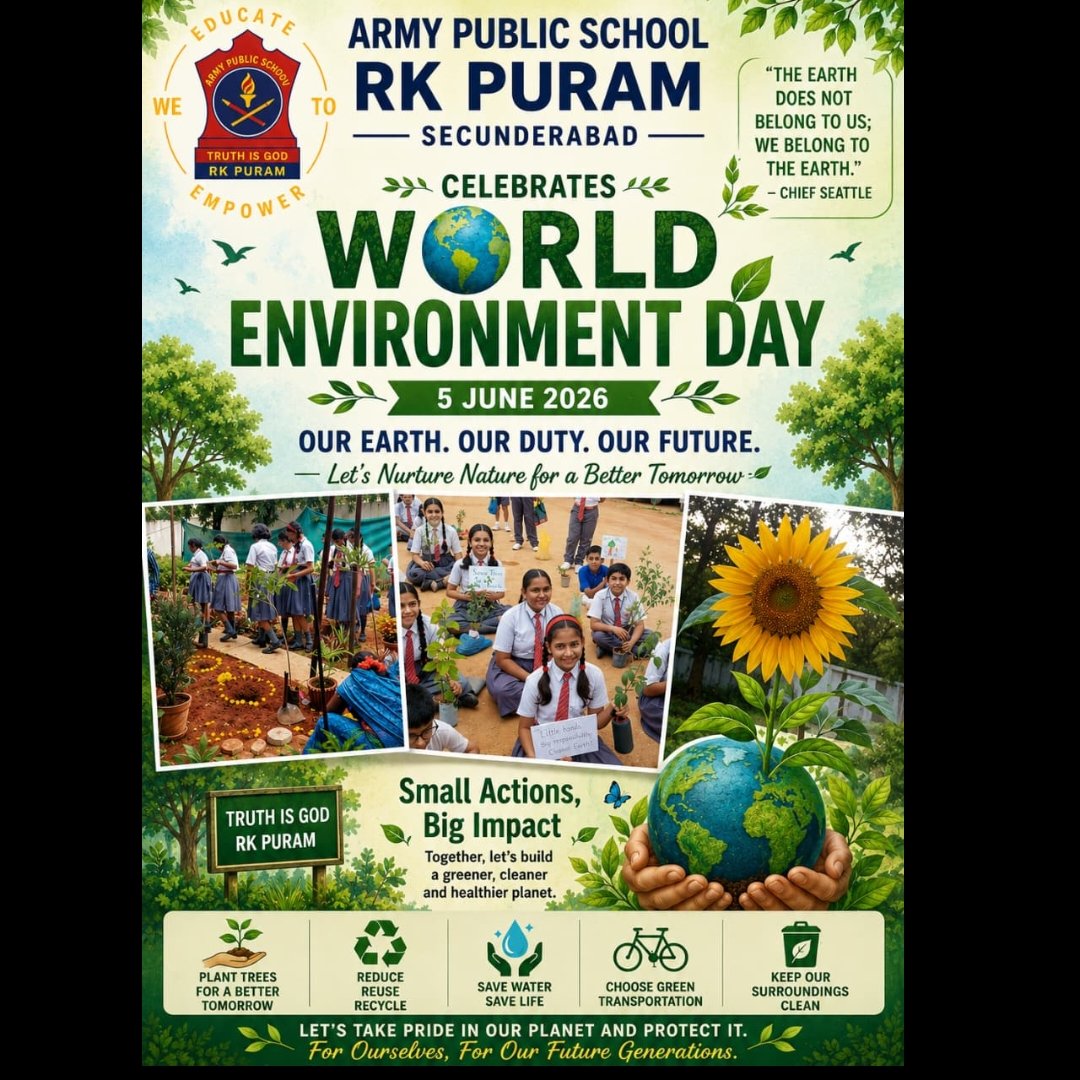APSRKPURAM's tweet photo. 🌱 🌍 World Environment Day 2026 Army Public School RK Puram reaffirming its commitment to a greener tomorrow.

🌱 Plant Today. Protect Tomorrow.

#WorldEnvironmentDay2026 #APSRKPuram #GoGreenGoGreen #PlantATree #EcoWarriors https://t.co/gYpfmK141r