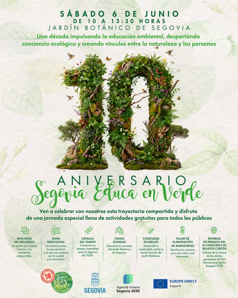 Talher_'s tweet photo. Mañana sábado, “Segovia Educa en Verde” celebrará su 10º aniversario con una jornada especial en el Jardín Botánico. Nos emociona gestionar este programa ambiental que ha hecho participar a 42.000 personas en 3.000 actividades durante esta década.

ℹ️ https://t.co/gwbQLD0mFB https://t.co/J32nSZHjrP