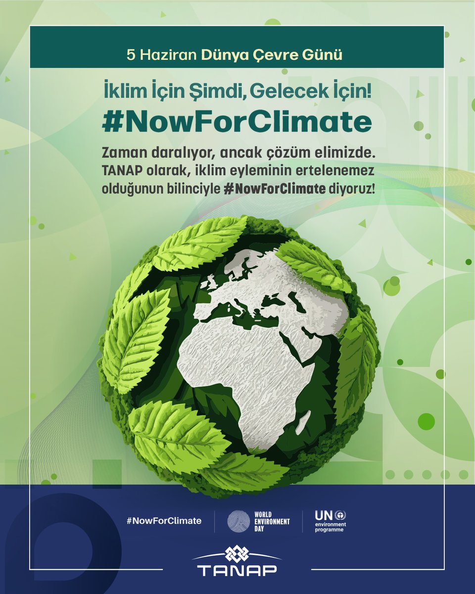 tanapofficial's tweet photo. İklim değişikliğiyle mücadele, erteleyemeyeceğimiz bir sorumluluk. 🌏

TANAP olarak ‘İklim eylemi bugünün önceliğidir’ diyor; operasyonel gücümüzü ve teknolojimizi daha yeşil yarınlar için kullanıyoruz.

5 Haziran Dünya Çevre Günü kutlu olsun! 🌱 https://t.co/dX5A54PEAW