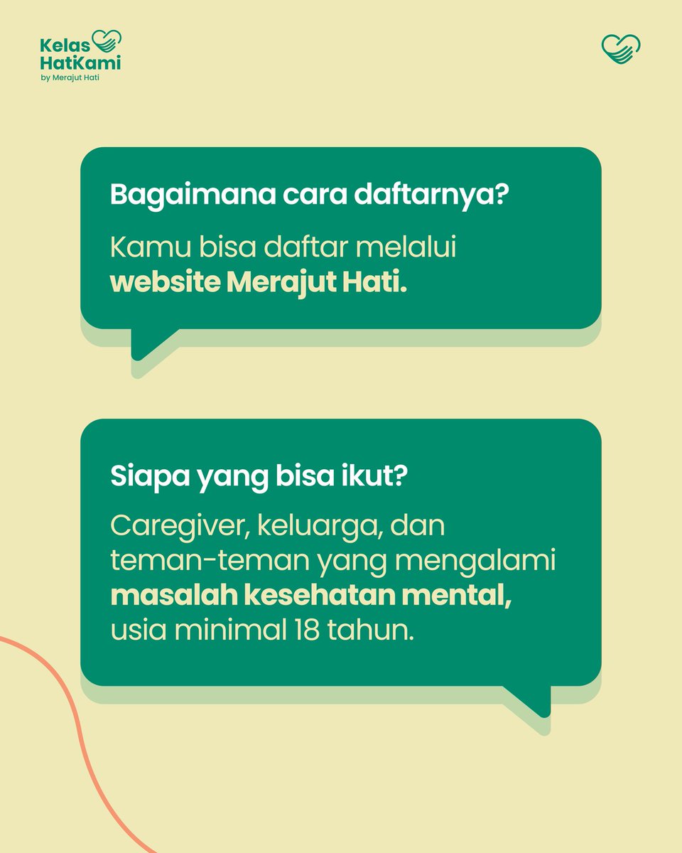 Merajuthati_'s tweet photo. Masih punya pertanyaan soal Kelas Hati Kami?

Kami sudah merangkum FAQ seputar peserta, biaya, hingga sertifikat.

Info lengkap:
https://t.co/uRwC5a0gjW

#KelasHatiKami #Caregiver https://t.co/ZQwPXb9yWb