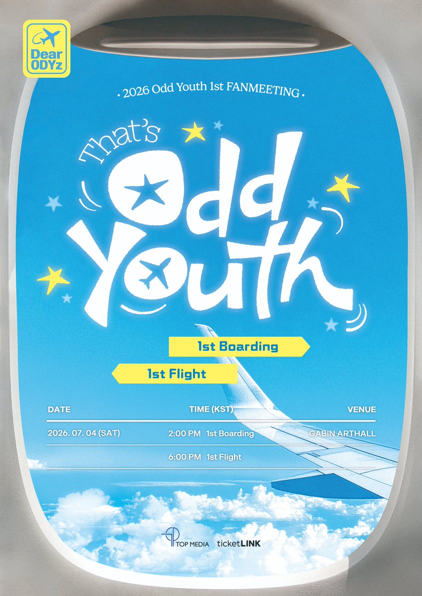 oddyouth_offcl's tweet photo. [📢]
ODD YOUTH 1st FANMEETING
【 THAT’S ODD YOUTH 】

📍 가빈아트홀
🛫 1st Boarding : 2026.07.04(SAT) 2:00PM (KST)
🛫 1st Flight : 2026.07.04(SAT) 6:00PM (KST)
🎫 티켓링크

🌼 멤버십 인증 기간 : 2026.06.09(TUE) 2:00PM ~ 06.11(THU) 11:59PM (KST)
🗓️ 멤버십 선예매 : 2026.06.10(WED) 8:00PM ~ 06.11(THU) 11:59PM (KST)
🗓️ 일반예매 : 2026.06.12(FRI) 8:00PM (KST) ~

자세한 내용은 오피셜 플랫폼에서 확인해 주세요🍀
🔗 https://t.co/w4CpTIRWdD

#ODDYOUTH #오드유스 
#THATsODDYOUTH