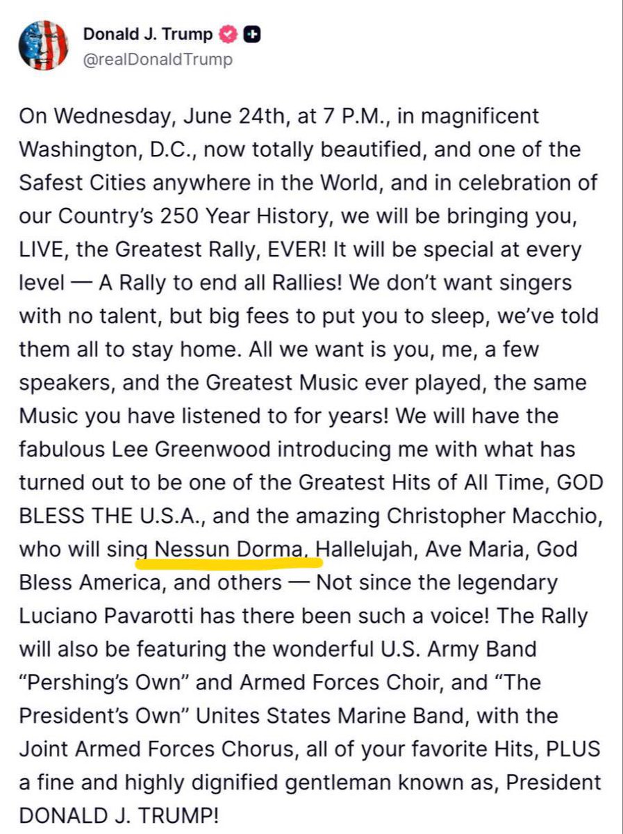 MF_Rev_Met's tweet photo. Trump annonce un « Rallye pour mettre fin à tous les rallyes » le 24 juin ! Christopher Macciho chantera NESSUN DORMA. Nessun Dorma est diffusé à la fin du film The Sum of All Fears, dans lequel TOUS les traîtres et acteurs de l’État profond ont été exécutés !!! https://t.co/ixls7hUlk5