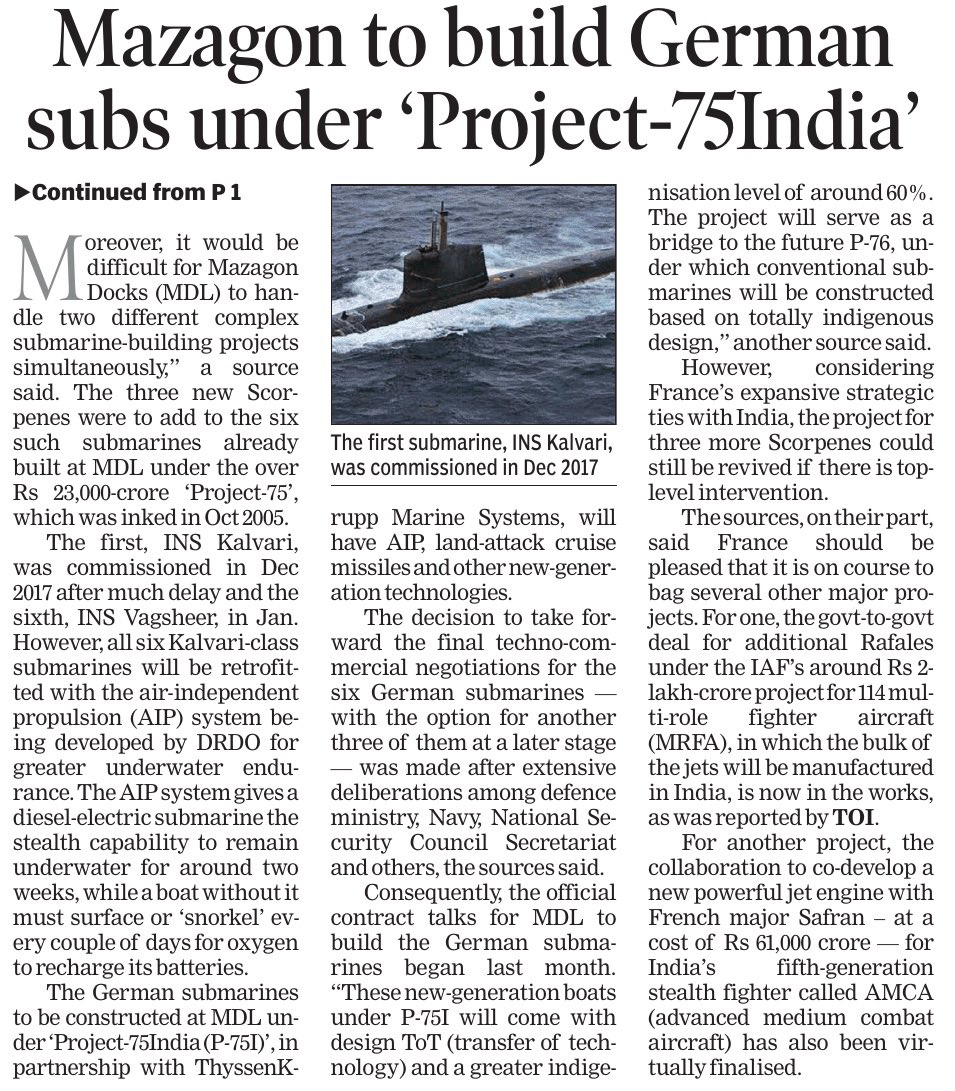IamRajat_Pandit's tweet photo. #BlastFromThePast
In 2025, I reported that India was going to scrap the case for 3 more #French-origin Scorpene submarines, while going ahead with #Project75India to build 6 new #German-origin diesel-electric stealth submarines at #MDL, with option for 3 more at a later stage! https://t.co/Oenh4GB3H4