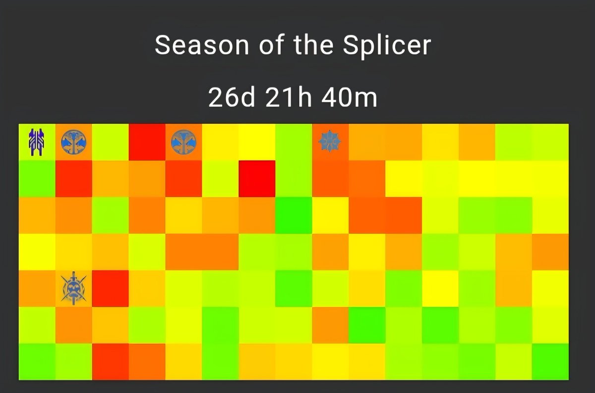 cometspacederg's tweet photo. I see everyone posting their heat maps so here is a portion of mine, (on mobile so I can't show it all in one screenshot)

While I unfortunately didnt start playing until season of the undying, I think its pretty funny that I played EVERY. SINGLE. DAY. during Splicer XD https://t.co/LsRMI2mLcB