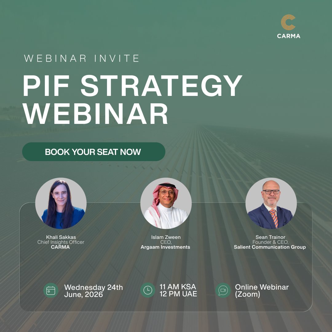 CARMA's tweet photo. What's next for @PIF_en?

Join Khali Sakkas, Islam Zween and Sean Trainor as they unpack the future of the Public Investment Fund, Vision 2030 and Saudi Arabia's economic transformation.

📅 24 June 2026
🕚 11AM KSA | 12PM UAE
Book your seat : https://t.co/21gzjsWUmK https://t.co/HMv6ED7Uge