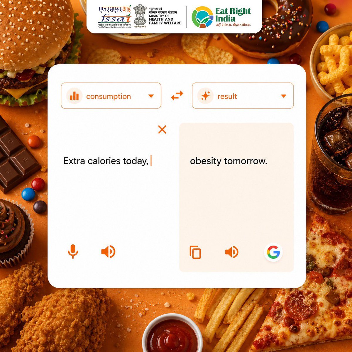 fssaiindia's tweet photo. Your plate is constantly predicting your future.

The choices you make today become the health outcomes you live with tomorrow.

So, what are you choosing today? 
A moment of indulgence or a lifetime of wellness?

#EatRightIndia #StopObesity #AajSeThodaKam https://t.co/RwvCTetnmW