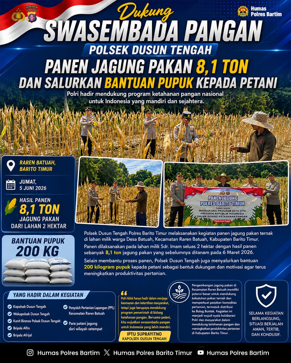 BaritoHumas's tweet photo. Dukung Swasembada Pangan, Polsek Dusun Tengah Panen Jagung dan Salurkan Bantuan Pupuk

Sebagai bentuk dukungan terhadap program ketahanan pangan nasional dan swasembada pangan, Polsek Dusun Tengah melaksanakan kegiatan panen jagung di Desa Raren Batuah, Kabupaten Barito Timur. https://t.co/wSy86Faar2