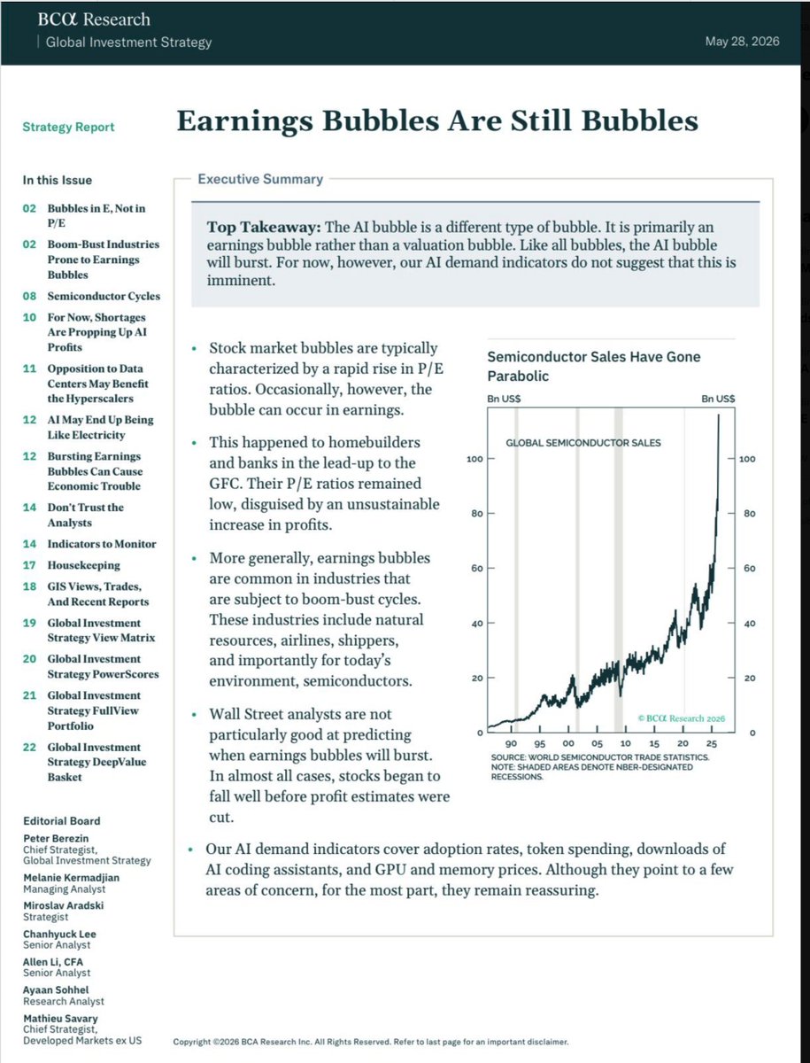 LiveTradr's tweet photo. The AI Bubble Isn’t a Valuation Bubble. It’s an Earnings Bubble.

Most investors are looking at AI through the wrong lens.

Traditional bubbles are driven by valuation expansion. Price-to-earnings multiples detach from reality, speculation takes over, and eventually the music stops.

This cycle looks different.

According to BCA Research’s latest report, what we’re witnessing is primarily an earnings bubble, not a valuation bubble.

Semiconductor revenues have gone nearly vertical. AI infrastructure spending continues to accelerate. GPU demand remains extraordinary. Data center capex is breaking records.

The result?

Many AI-related companies appear “reasonably valued” on traditional metrics because earnings are exploding just as fast as stock prices.

That doesn’t mean there isn’t a bubble.

History shows that homebuilders before the Global Financial Crisis and banks before 2008 looked deceptively cheap because unsustainable profits masked underlying risks.

The same pattern may be emerging across AI infrastructure today.

A few observations:

• Global semiconductor sales have entered a parabolic phase.

• AI capex is increasingly concentrated among a handful of hyperscalers.

• Nvidia has become the most important company in the global technology stack.

• Entire ecosystems are now being built around assumptions of continued exponential AI demand.

The key question isn’t whether AI changes the world.

It almost certainly will.

The question is whether current earnings can justify today’s investment cycle once the industry moves from infrastructure buildout to utilization and monetization.

Interestingly, BCA’s conclusion is not bearish.

Their demand indicators — adoption rates, AI software spending, coding assistant usage, GPU pricing, and memory markets — do not yet suggest an imminent collapse.

In other words:

The bubble may be real. The bursting may not be imminent.

For investors, that’s a critical distinction.

The biggest winners of the next decade may still be AI infrastructure, compute, robotics, and autonomous systems.

But history suggests that even transformational technologies rarely move in a straight line.

The internet changed the world.

So did railroads.

So did electricity.

All three experienced bubbles along the way.

AI may be no different.

What matters now is separating temporary earnings acceleration from durable long-term value creation.

Because when the next phase begins, the winners won’t necessarily be the companies selling the most GPUs.

They’ll be the companies creating the most economic value from them.

#AI #NVIDIA #OpenAI #Anthropic #Semiconductors #Investing #PrivateMarkets #Technology #VentureCapital #SingularGlobal #ArtificialIntelligence