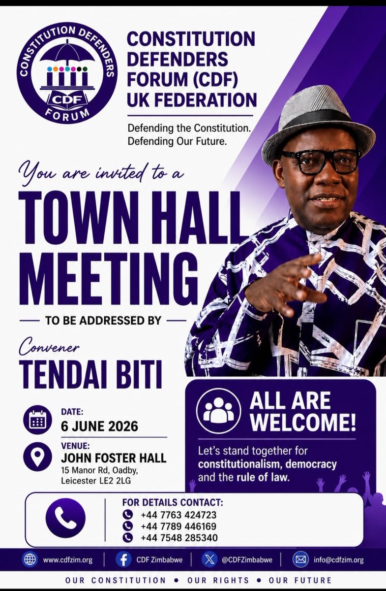 BMakeyi26834's tweet photo. 🇿🇼 Tomorrow belongs to us — lets show up.
For every Zimbabwean who has suffered in silence. For every family torn apart. For every right stolen in broad daylight.
Convener Tendai Biti comes to Leicester to speak — and we must be there to listen, to unite, and to act.
This is not just a meeting. This is a moment in history.
📅 6 June 2026
📍 John Foster Hall, Oadby, Leicester LE2 2LG
Come as you are from all political divide. Bring your neighbour. Bring your hope.Zimbabwe needs you.
Our Constitution. Our Rights. Our Future.