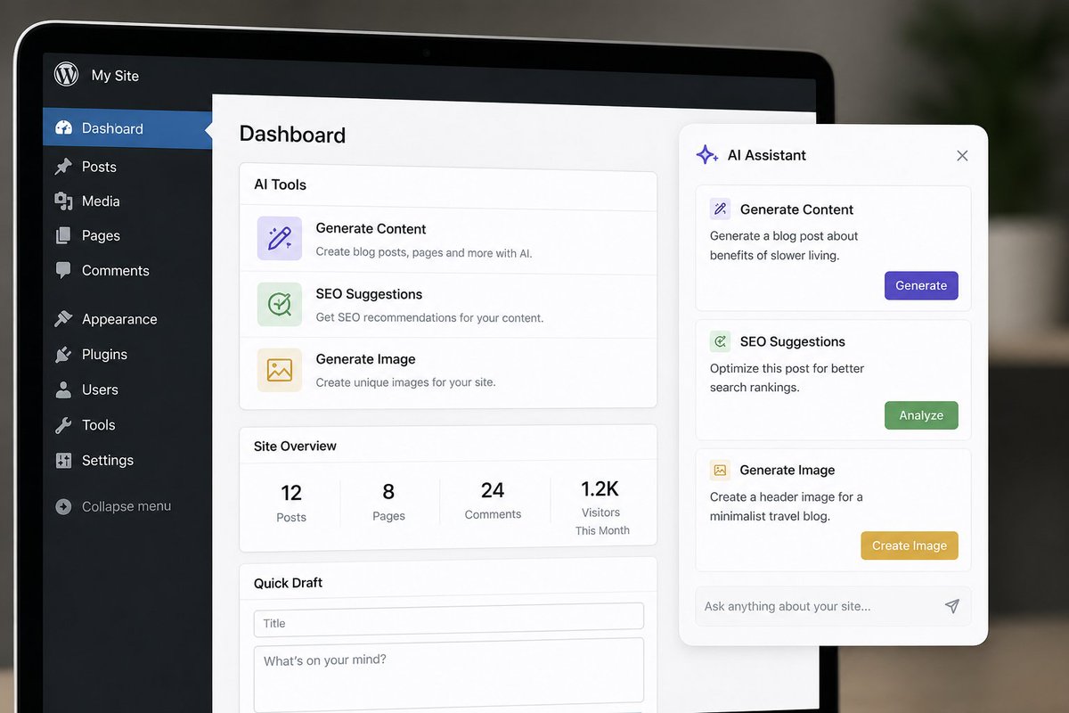tekraze's tweet photo. WordPress sites are becoming much easier to manage with AI.
Content generation, SEO suggestions and image creation can now happen inside the dashboard.
The interesting question is not whether AI will be added.
It is how many plugins will survive once AI becomes a built in feature https://t.co/DGHPcA0RgY