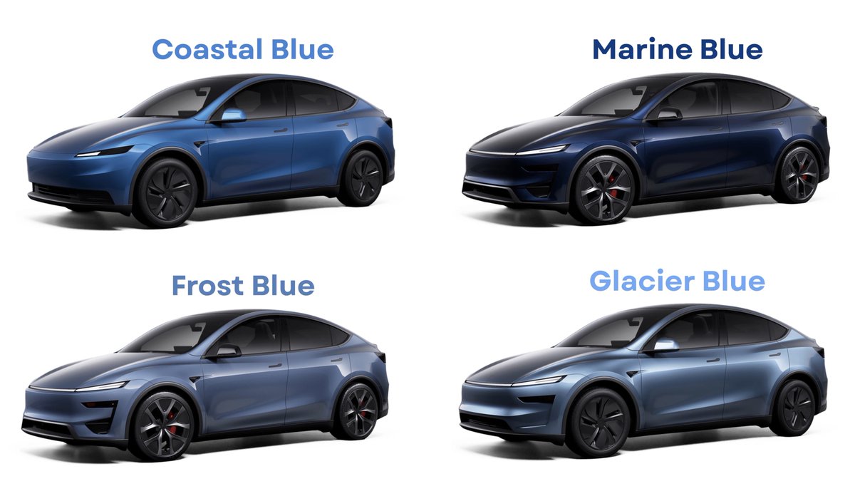 SawyerMerritt's tweet photo. Tesla now produces these four blue Model Y colors:
• Coastal Blue (introduced today)
• Marine Blue (introduced in 2025)
• Frost Blue Metallic (introduced in 2025)
• Glacier Blue (introduced in 2025)