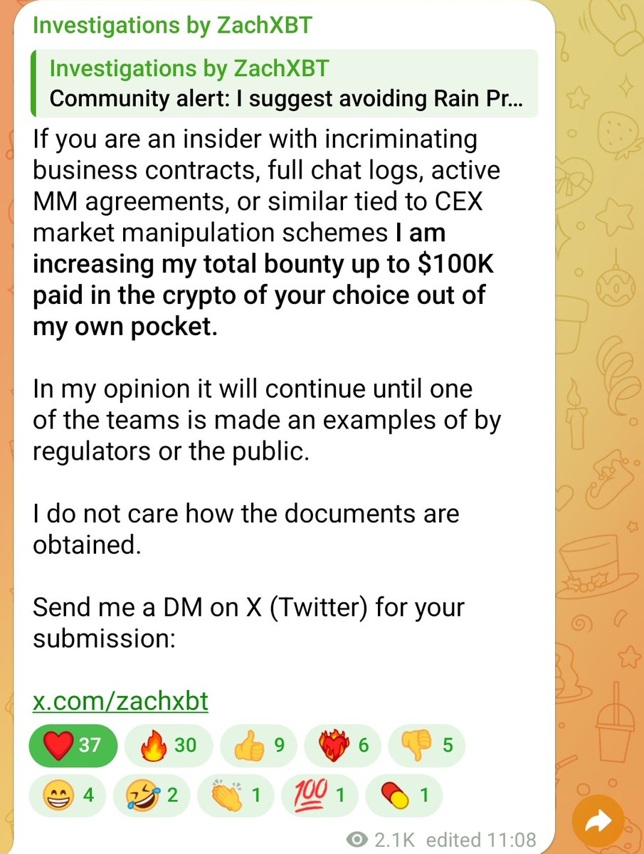 OnlyZen's tweet photo. .@zachxbt increased his bounty amount to $100k from his own pocket for providing info regarding business contracts, full chat logs, or similar tied to CEX market manipulation

Let's get these illicit actors for the sake of this industry https://t.co/aZT562GJPU