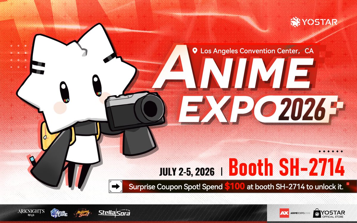 ShopYostar's tweet photo. 🚨 Next Stop: LA! 🚨

Yoyo is heading to Anime Expo 2026!  ✈️✨

Get ready for exclusive on-site content, surprise giveaways, and AX-only merch you won’t want to miss! 

See you in Los Angeles! 💙

Yostar Booth SH-2714 | July 2-5, 2026 | Los Angeles Convention Center, CA

#Yostar #StellaSora #AzurLane #Arknights #MahjongSoul #AnimeExpo #AX2026