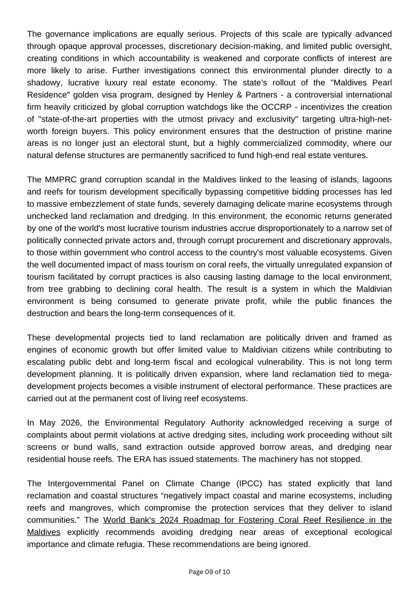 TransparencyMV's tweet photo. Opaque mega-development projects threatening places like Villimalé and the Addu UNESCO Biosphere Reserve are not isolated decisions — they are part of a pattern. https://t.co/zDn8tgXf7w