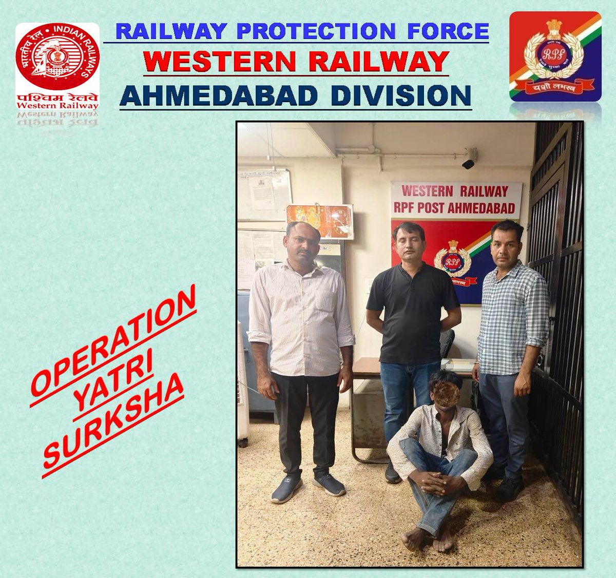 rpfwradi's tweet photo. #operationyatrisurksha On 04 june 2026, Alert RPF Ahmedabad apprehended a suspected person at Ahmedabad stn. he admitted to entering station with the intent to commit theft. He was handed over to GRP for Further legal action. @RPF_INDIA @rpfwr1 @WesternRly @drmadiwr https://t.co/iprQr7cCjS