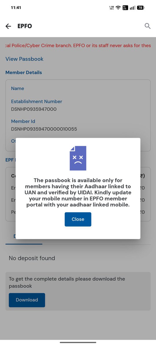 Ram28Iam's tweet photo. @officialepfo keeps on getting this message, can't be able to view the passbook and withdrawal also not working. FYKI I don't have a problem with login using my aadhaar linked mobile number. https://t.co/wi0G5yJmzM
