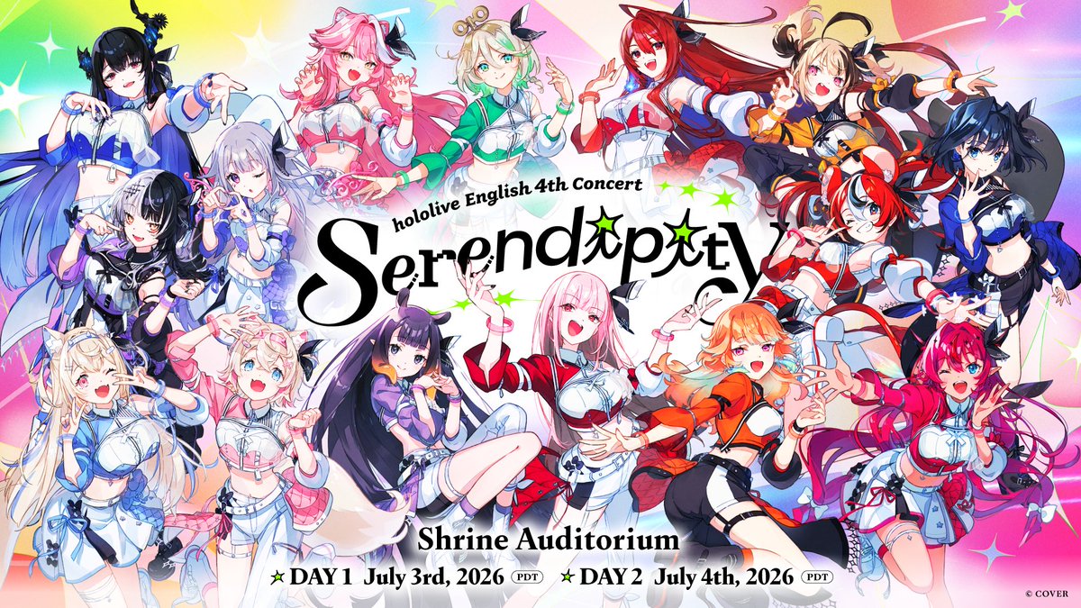 hololivetv's tweet photo. 🎉#holoSerendipity🎉

hololive English 4th Concert -Serendipity- のビジュアルをチェックしましたか？👀

ライブ開催もいよいよ間近！
さらに、新たなグループ楽曲公開や、タレントとファンのみなさまで選んだパフォーマンスユニットの正式名称も、まもなく発表予定✨

続報をお楽しみに😉

🔽コンサート特設サイト🔽
https://t.co/cPmph6ivlb

🔽配信チケットはこちら🔽
https://t.co/ZUYHJkNyJO

#hololiveEN