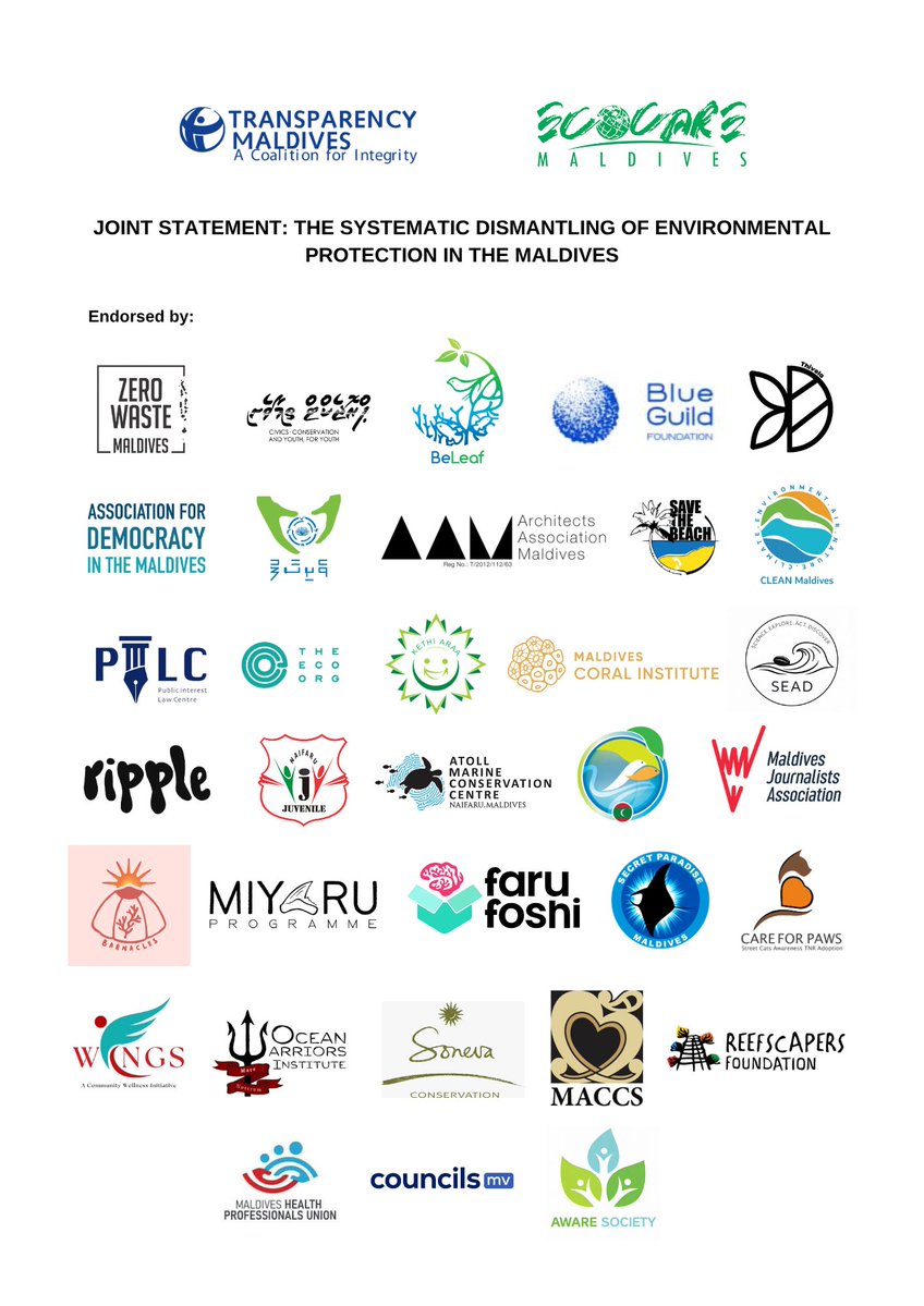 TransparencyMV's tweet photo. JOINT PRESS STATEMENT: The Systematic Dismantling of Environmental Protection in the Maldives
@TransparencyMV and @ecocare_mv alongside civil society organisations and community groups across the country, are raising this alarm — we cannot stay silent. https://t.co/Ql5YWqAxPy