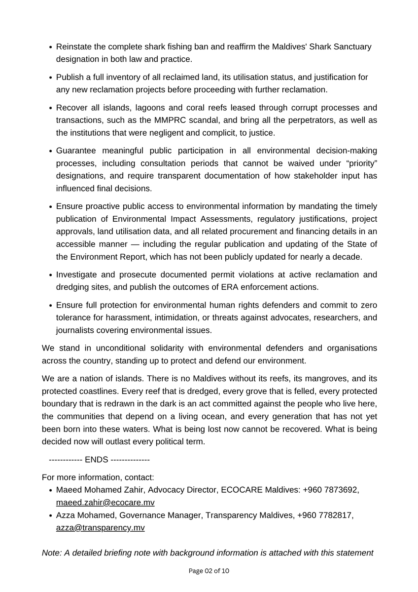 TransparencyMV's tweet photo. JOINT PRESS STATEMENT: The Systematic Dismantling of Environmental Protection in the Maldives
@TransparencyMV and @ecocare_mv alongside civil society organisations and community groups across the country, are raising this alarm — we cannot stay silent. https://t.co/Ql5YWqAxPy