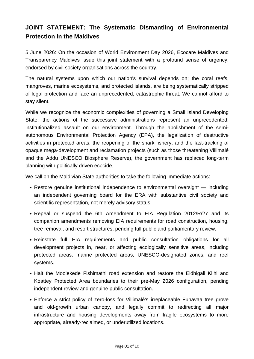 TransparencyMV's tweet photo. JOINT PRESS STATEMENT: The Systematic Dismantling of Environmental Protection in the Maldives
@TransparencyMV and @ecocare_mv alongside civil society organisations and community groups across the country, are raising this alarm — we cannot stay silent. https://t.co/Ql5YWqAxPy