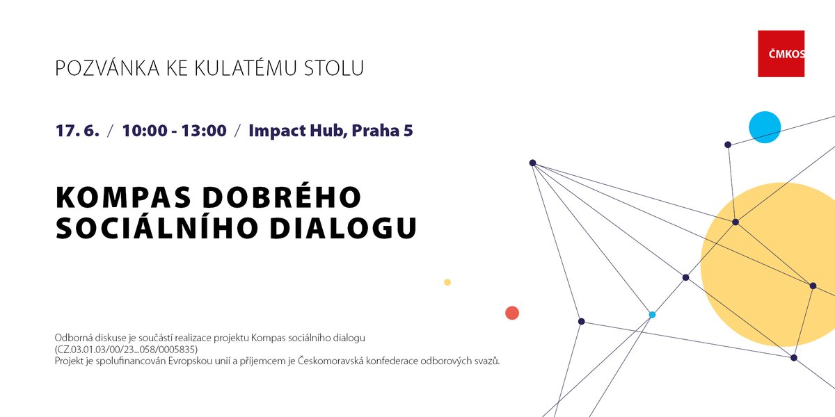 odbory's tweet photo. 🤝 Jak posílit sociální dialog na pracovištích?

Zveme vás na kulatý stůl „Dobrý sociální dialog“ v rámci projektu ESF Kompas sociálního dialogu.

📅 17. 6. 2026
🕙 10:00–13:00
📍 IMPACT HUB PRAHA

👉 REGISTRACE:
https://t.co/kHqUO6YaVF
@JStredula https://t.co/MPeCpQgQwS