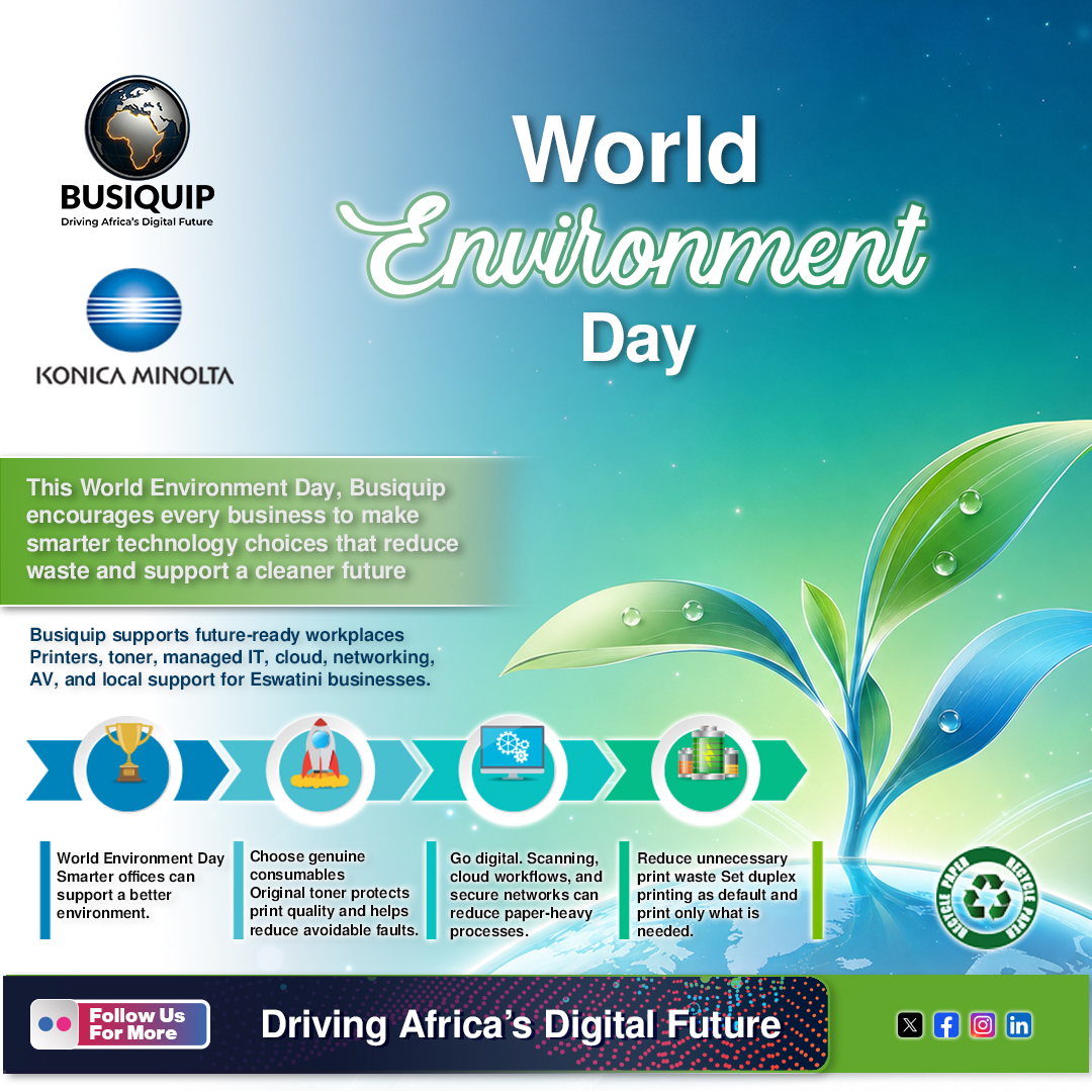 busiquip's tweet photo. WORLD ENVIRONMENT DAY
Busiquip helps businesses reduce unnecessary print waste, improve office efficiency, and choose reliable technology built for long-term productivity.

#WorldEnvironmentDay #Busiquip #EswatiniBusiness #BusinessTechnology #ManagedPrint #SustainableOffice https://t.co/0uJInCLmhm
