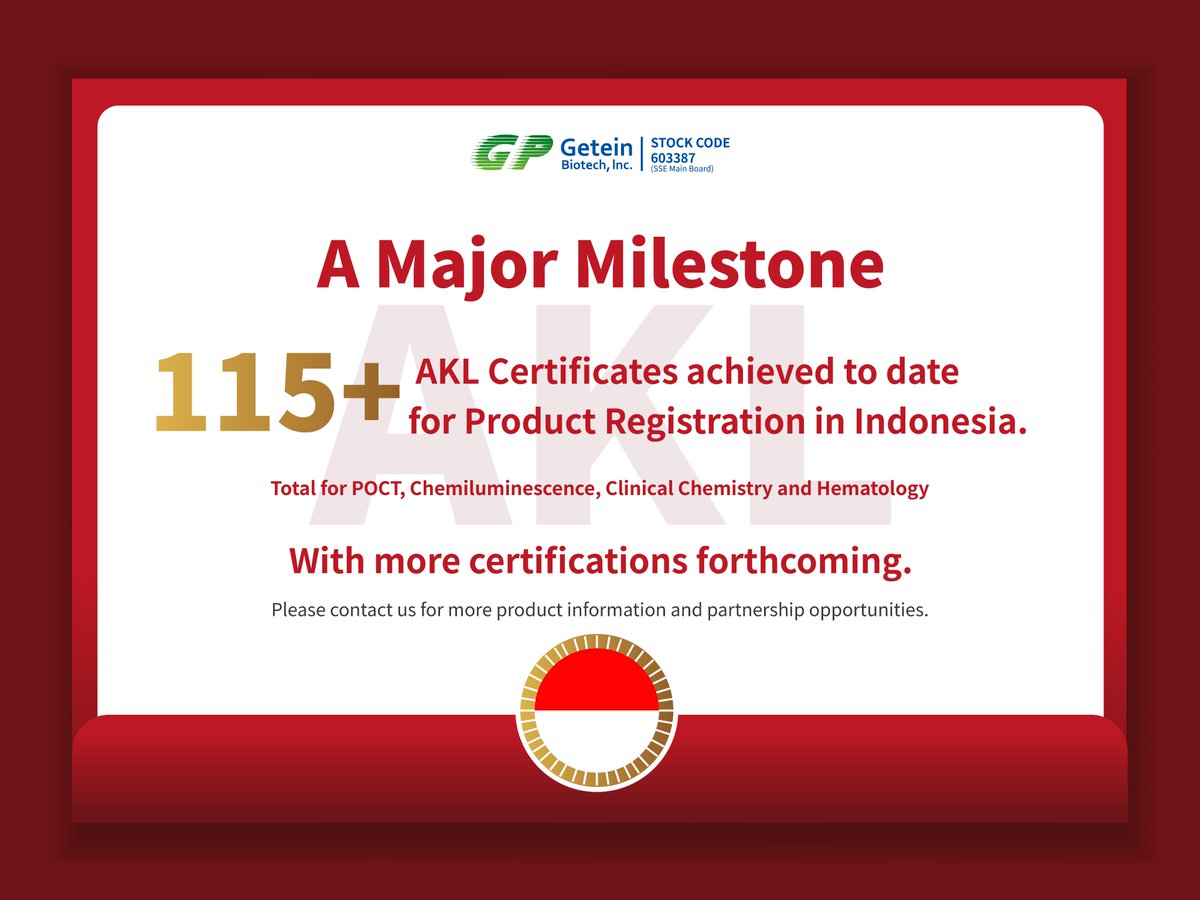 getein's tweet photo. 🎉 Great news! We have obtained 115 AKL certificates for product registration in Indonesia across POCT, Chemiluminescence, Clinical Chemistry and hematology.
A strong step forward in delivering reliable diagnostics across the archipelago.
#Getein #AKL #Indonesia https://t.co/ixy8rSHHaM