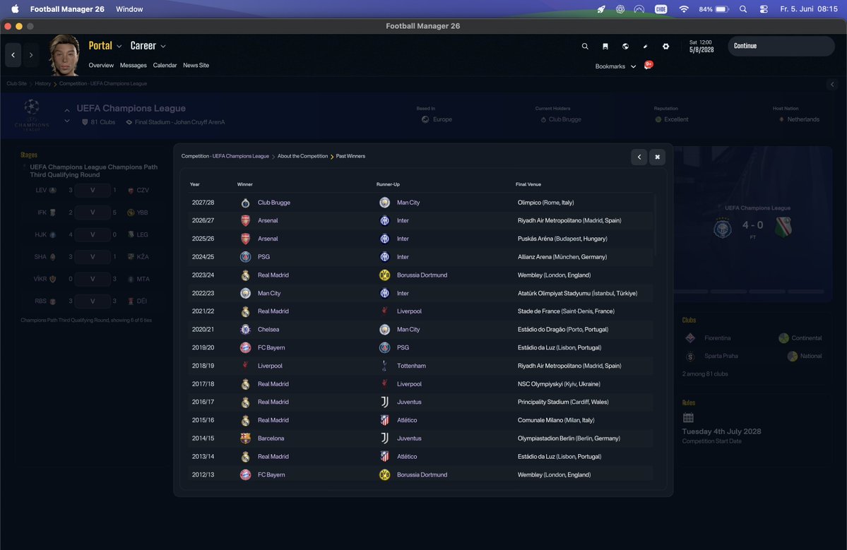 daveincid's tweet photo. Club Brugge won the #UEFAChampionsleague 27/28 

I've done literally thousands of simulations to test my own files. There were always some funny surprises from time to time, but this one is by far the most impressive achievement of an AI team I've ever seen so far🤯#FM26 
1/2 https://t.co/sbsCKTBbuR