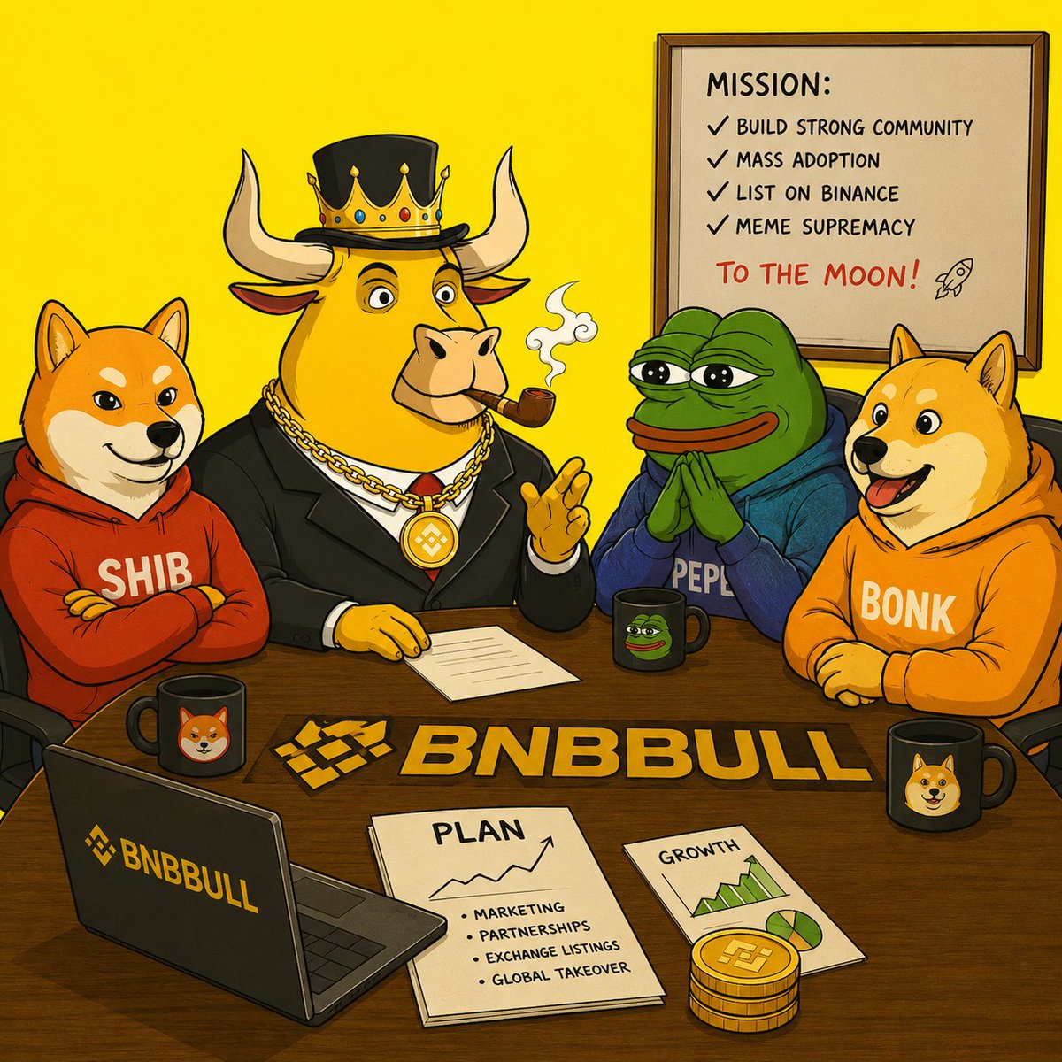 OfficalBNBBull's tweet photo. BNBBULL's Bullish Message to SHIB, PEPE, and BONK

In a private boardroom high above the crypto skyline, BNBBull sat confidently at the head of the table, wearing his crown and Binance medallion. Across from him sat Shiba Inu, Pepe, and Bonk—three legendary meme warriors who had already made their mark on the crypto world.

BNBBull leaned forward, puffed his pipe, and spoke with conviction:

"My friends, each of you has built something remarkable. SHIB proved that a community can become a global movement. PEPE showed the power of culture and viral narratives. BONK demonstrated how a united community can revive an ecosystem."

The room fell silent as everyone listened.

"But the next chapter belongs to those who combine community, utility, and the strength of the Binance Chain. The meme wars are no longer about who can make the loudest noise—they are about who can build the strongest kingdom."

BNBBull pointed toward the mission board:

✓ Build a Strong Community
✓ Drive Mass Adoption
✓ Secure Major Exchange Listings
✓ Achieve Meme Supremacy

"My vision is not to compete against you," BNBBull continued. "It is to inspire a new era where meme coins become global brands. Together, we have shown the world that communities are stronger than corporations and narratives are more powerful than advertisements."

SHIB nodded in approval.

PEPE smiled, recognizing the ambition.

BONK grinned, seeing the opportunity ahead.

BNBBull then rose from his seat and declared:

"The Binance ecosystem is the largest stage in crypto. My mission is to lead millions of believers, create unstoppable momentum, and show the world what happens when a bull market meets a bull king. We are not chasing the moon—we are building the rocket."

The room erupted in applause.

As the meeting concluded, SHIB, PEPE, and BONK looked at BNBBull with respect. They understood the message clearly:

BNBBull was not trying to follow the legends. BNBBull was preparing to become one.

🚀 BNBBULL — The King of Binance Chain.
👑 Leading the next generation of meme coin dominance.
🐂 Built by community, powered by conviction, destined for the moon.