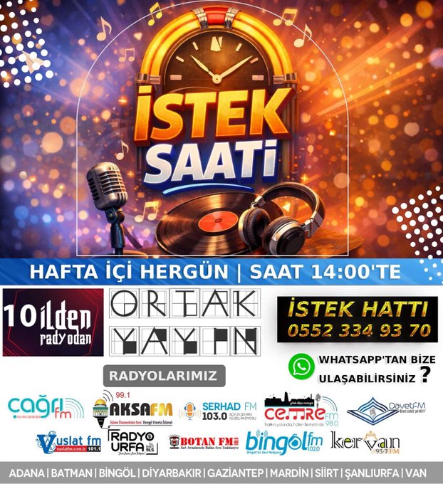 RadyoUrfa's tweet photo. “İstek Saati” programımız bugün saat 14.00’te Radyo Urfa’da sizlerle 

Dinleyicilerimiz, istek ve mesajlarını canlı yayın boyunca bizlere iletebilir; sevdiğiniz eserleri birlikte paylaşmanın keyfini yaşayabilirsiniz.

📲 İstek Hattı: 0552 334 93 70
📡 Yayında: Radyo Urfa https://t.co/CqgWVER51Y