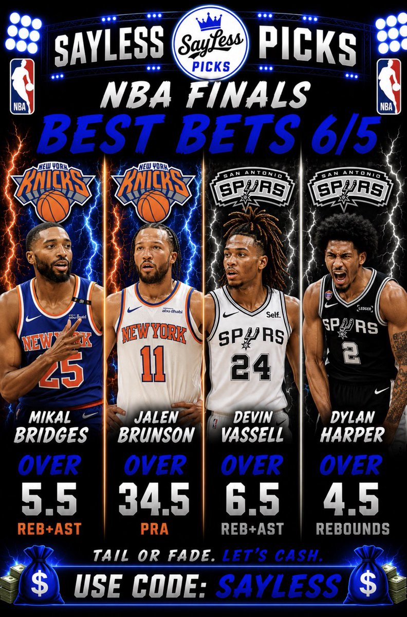 sayy_les's tweet photo. 🌊 NBA Finals Best Bets 6/5

Mikal Bridges Over 5.5 Reb+Ast

Jalen Brunson Over 34.5 PRA

Devin Vassell Over 6.5 Reb+Ast

Dylan Harper Over 4.5 Rebounds 

❤️ IF YOU’RE TAILING!⬇️
https://t.co/lckaRtEkJp https://t.co/vB33CJG5KZ