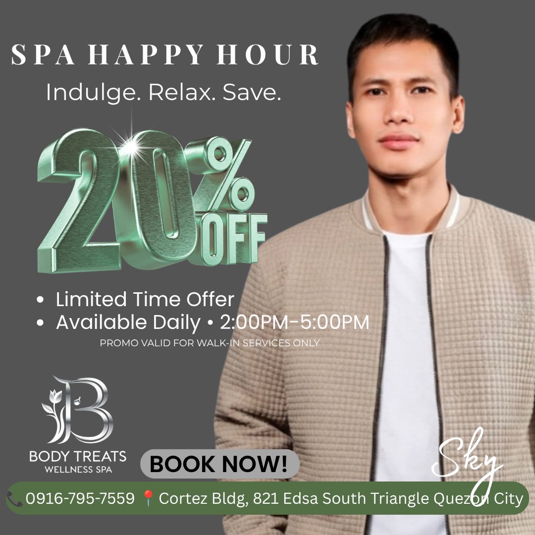bodytreatsQC's tweet photo. ✨ Spa Happy Hour is NOW ON! ✨

Take a break from your busy day and enjoy 20% OFF on walk-in services from 2:00 PM – 5:00 PM.

💆‍♂️ Walk-in guests only

The perfect time to relax, recharge, and treat yourself this afternoon. 😌

#SpaHappyHour #FridayRelax #BodyTreats https://t.co/tfdO8gOGNO
