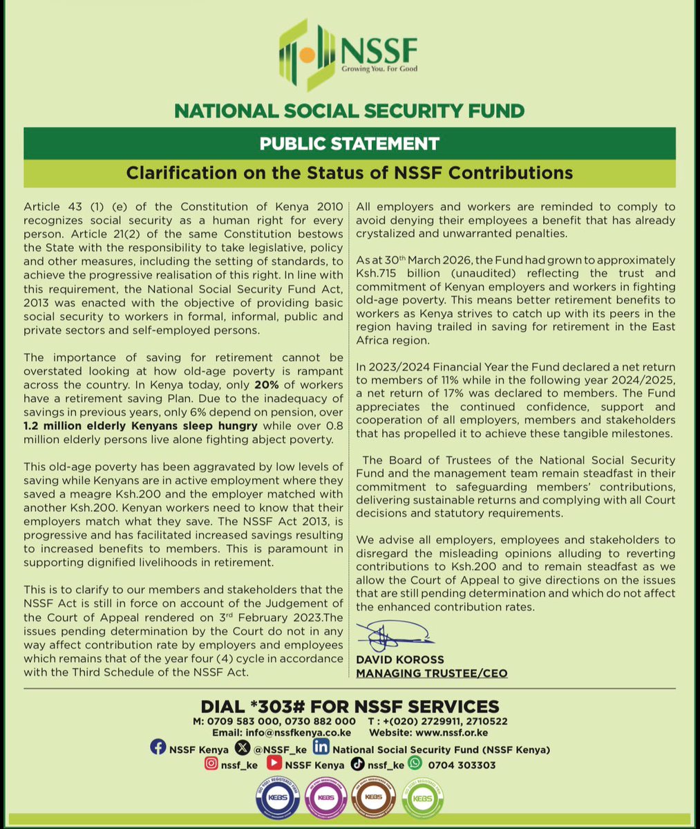 NSSF_ke's tweet photo. Public Statement!!

Clarification on the Status of NSSF Contributions.

#NSSFKenya #GrowingYouForGood https://t.co/nNZ1vAPhxo