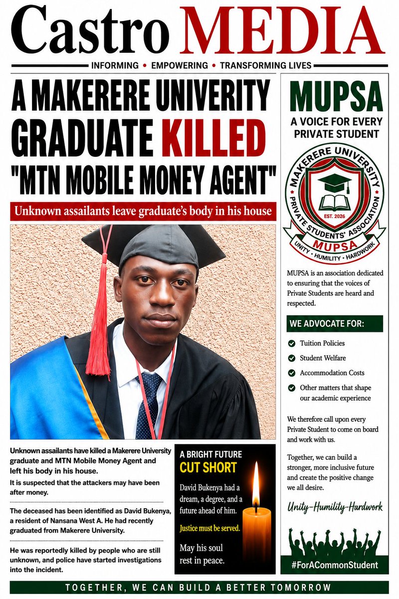 CASTROMEDIA153's tweet photo. A Makerere University graduate David Bukenya  killed "as he started his Mobile Mobile Money Business after graduation," he was attacked by unknown thugs killed and his house burnt to hide evidence police is investigating. https://t.co/YnXXUVDfl7