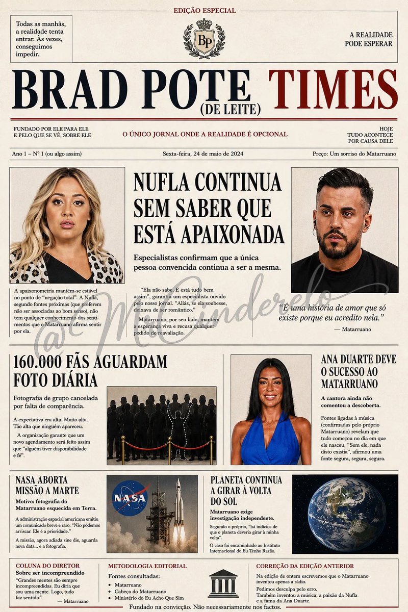MrCinderelo's tweet photo. 🚨Chega o novo semanário da República do Tesão Imaginário:

BRAD POTE (de leite) TIMES

💘 Paixões imaginárias
📸 160.000 fãs invisíveis
🎵 Fama por sucesso dos outros
🚀 Missões da NASA canceladas

Sai todas as sextas!

#sstvi #ExercitoNabiça🥬 https://t.co/HSmjmhVT9F